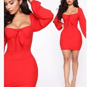 Fashion Nova red mini dress w puff sleeves Small